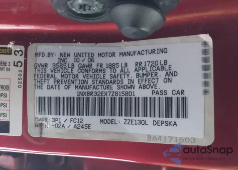 2007 Toyota Corolla S from USA, damaged, VIN 1NXBR32EX7Z815801